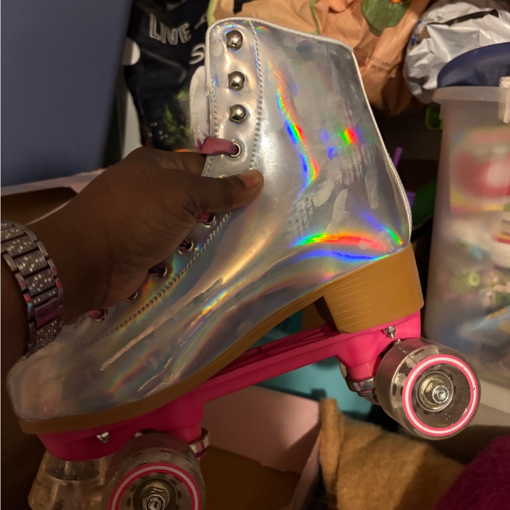 Holographic Silver Roller Skate Boots with Pink Plate